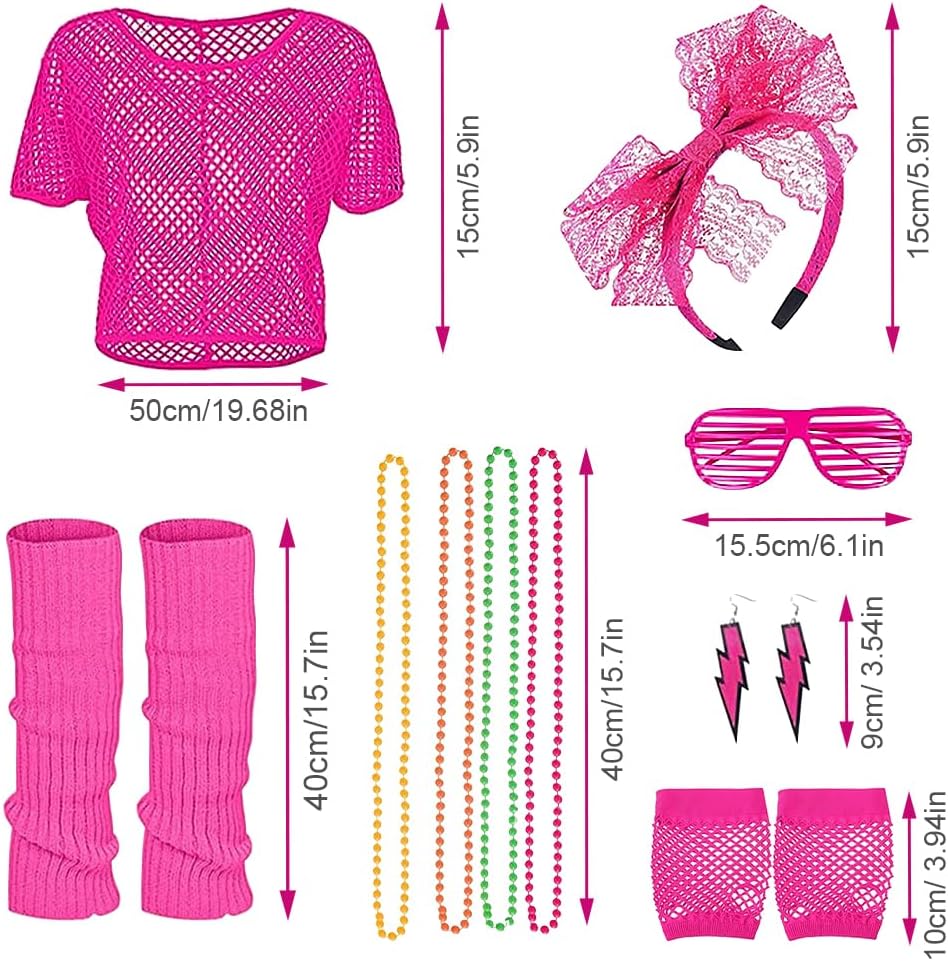 Thumbnail 6 de mizikuu Neon-80er Damen-Outfit-Set mit Netzshirt, Brille und bunten Accessoires