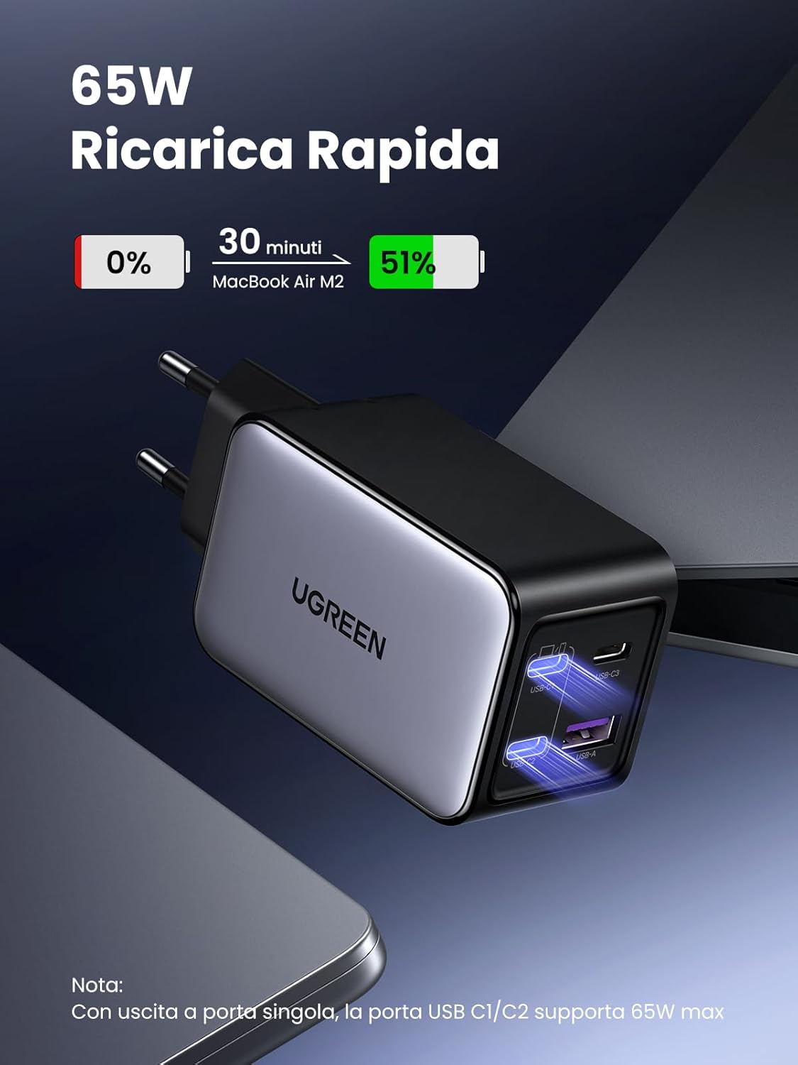 Thumbnail 2 de UGREEN Nexode 65W Caricatore GaN 3 USB-C + 1 USB-A: potenza compatta per laptop, tablet e phone