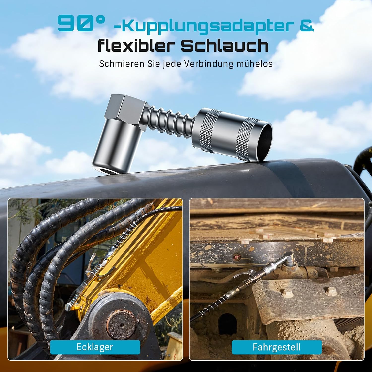 Detalle de Seesii Fettpresse 8000 PSI – 400 ml Einhand Fettpresse mit Schnellkupplung, 90°-Adapter und flexiblem Schlauch