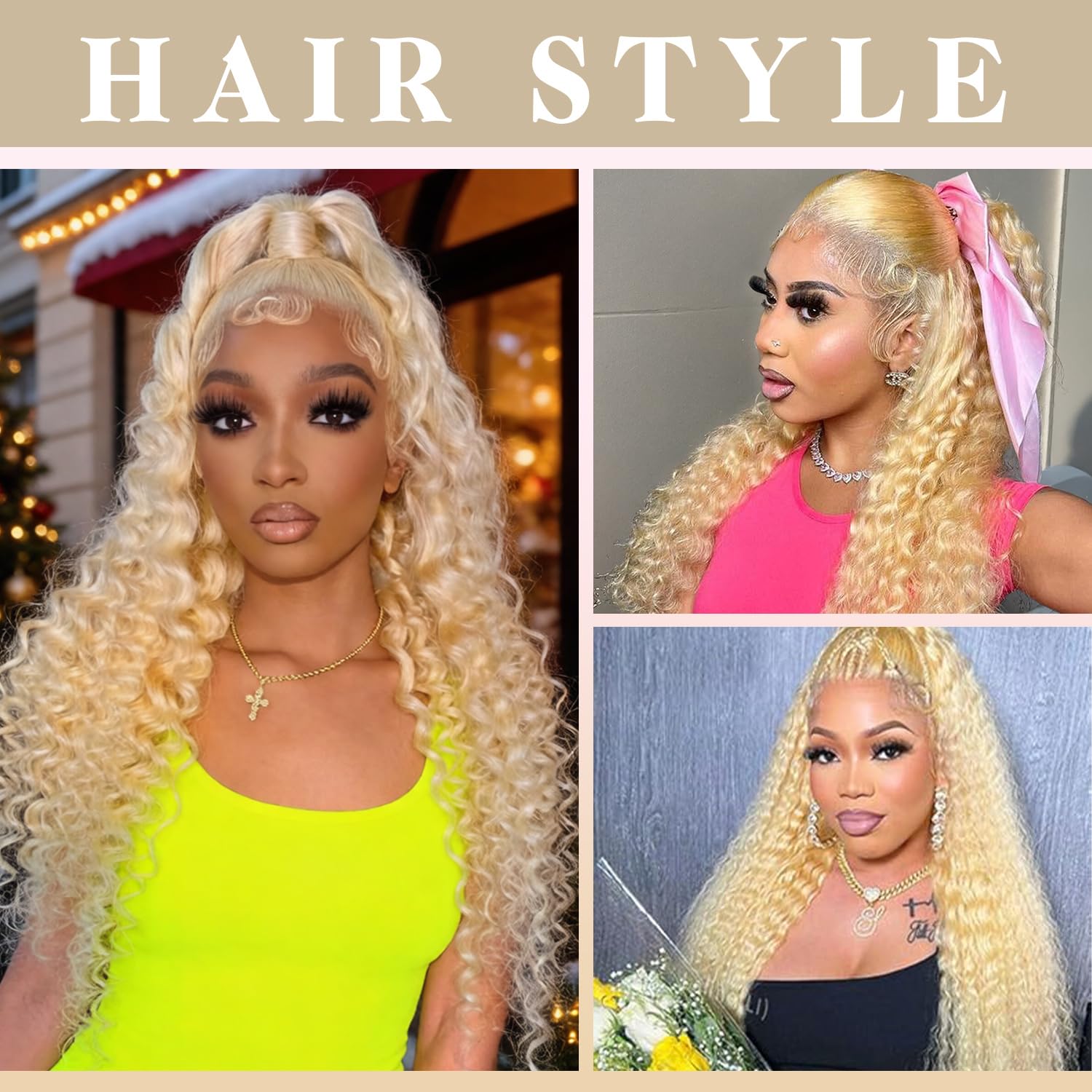 Thumbnail 6 de HUANGCAI 32 Inch 613 13x6 Lace Front Wig Human Hair – Blonde Deep Wave, 200% Density