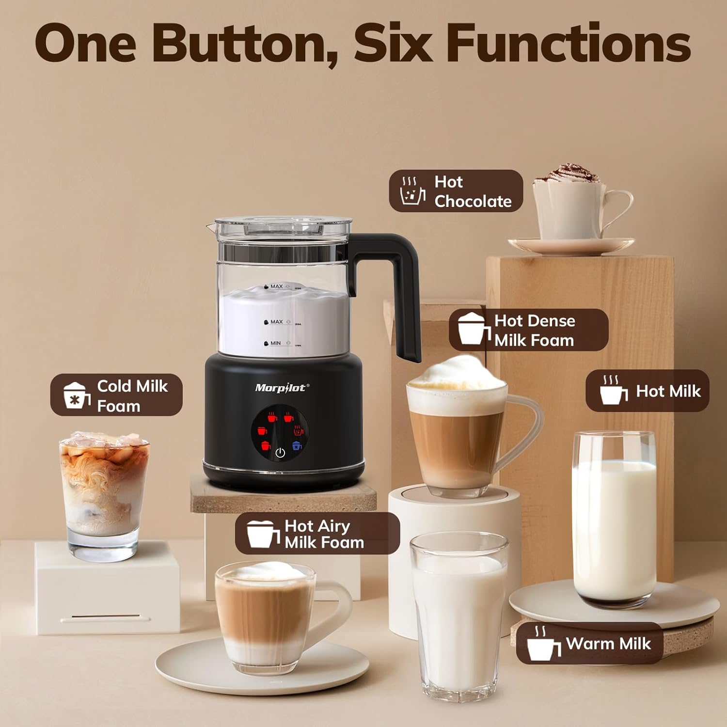 Thumbnail 6 de morpilot Large Electric Milk Frother and Steamer (Black-Glass), 16.9oz/500ml, 6 Functions, Dishwasher Safe, BPA Free