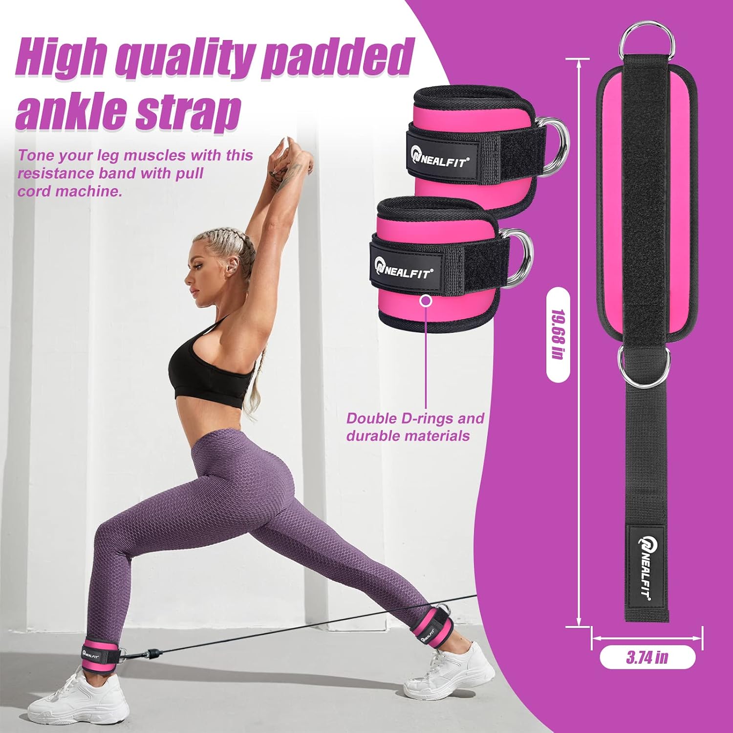 Thumbnail 1 de NEALFIT Ankle Straps for Cable Machines, Pink 7 mm Neoprene Pair