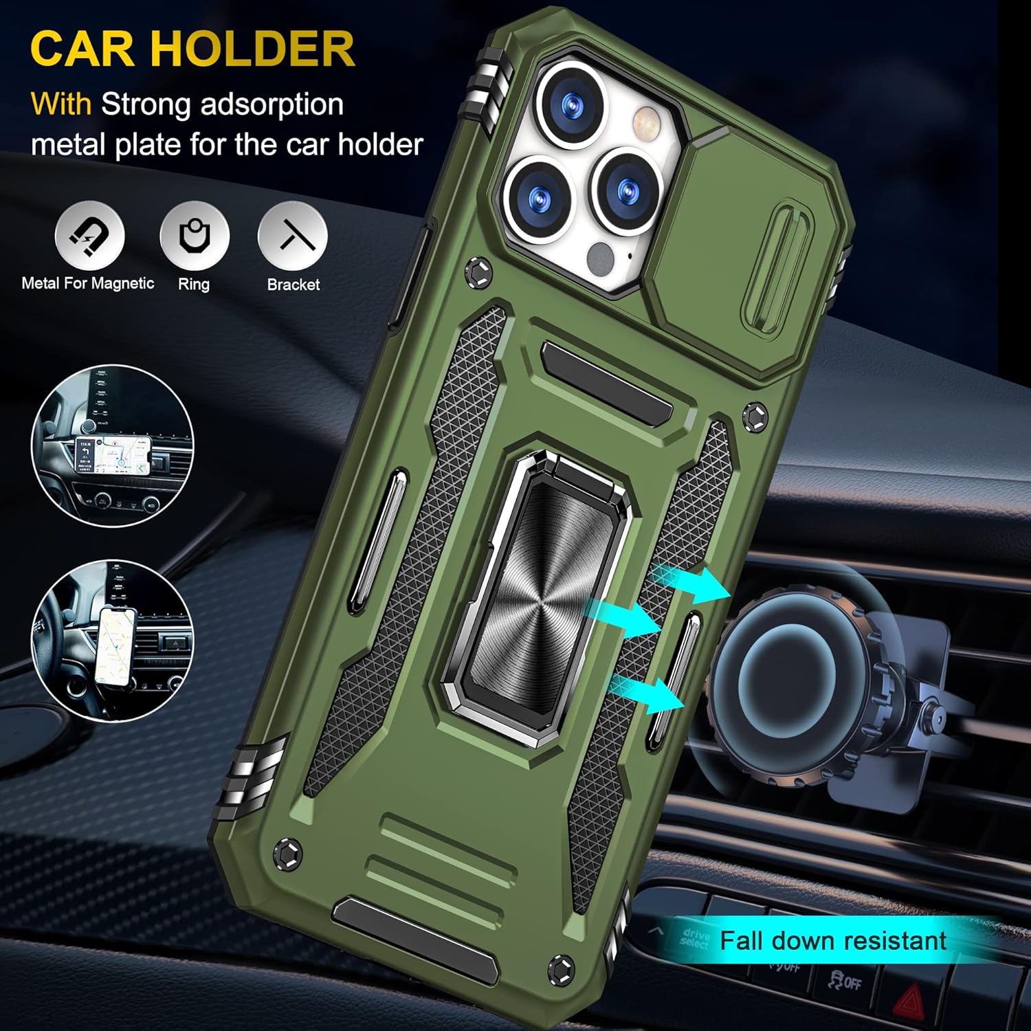 Thumbnail 2 de Jshru iPhone 13 Pro Max Case with Screen Protector (2 Pack) – Olive Green with Slide Camera Cover & 360° Kickstand
