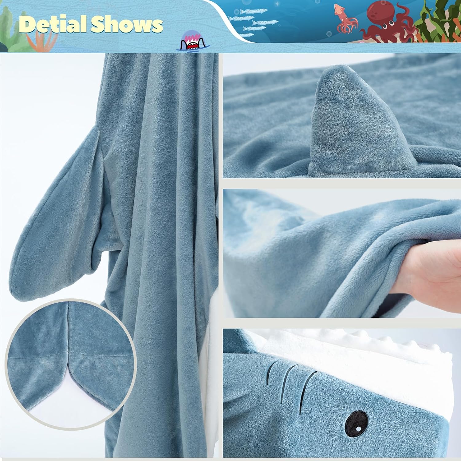 Detalle 1 de Touchat Shark Blanket for Adults, Blue Large 280 GSM Flannel Wearable Blanket