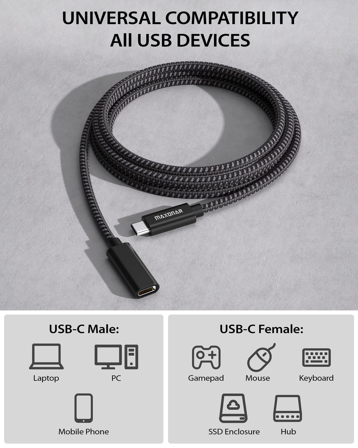 Thumbnail 3 de Belker USB-C Extension Cable (USB 3.2 Gen2, 10Gbps) 1m – USB-C male to female for charging & sync