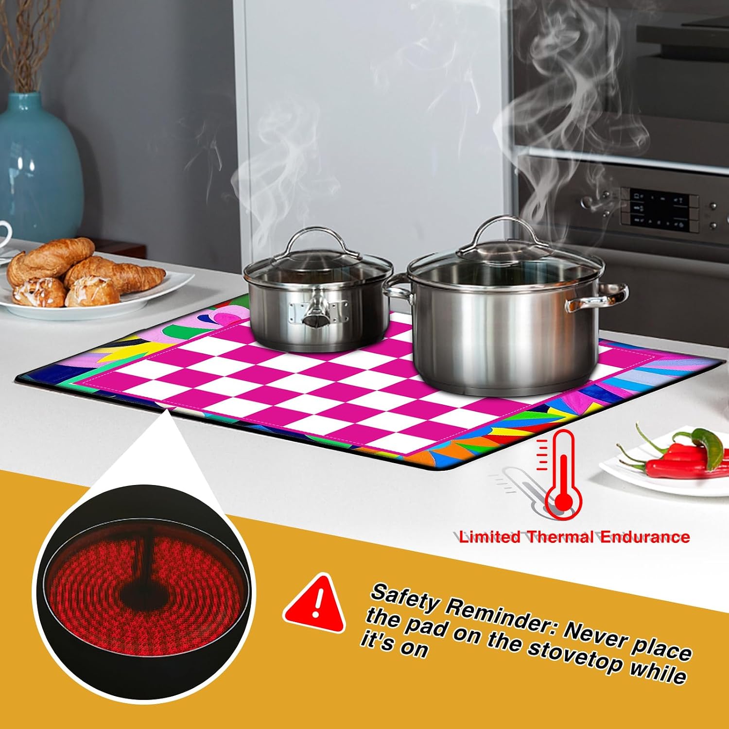 Detalle de KitchenRaku Stove Cover, 52x78 cm Silicone Cooktop Protector, Checkered & Floral