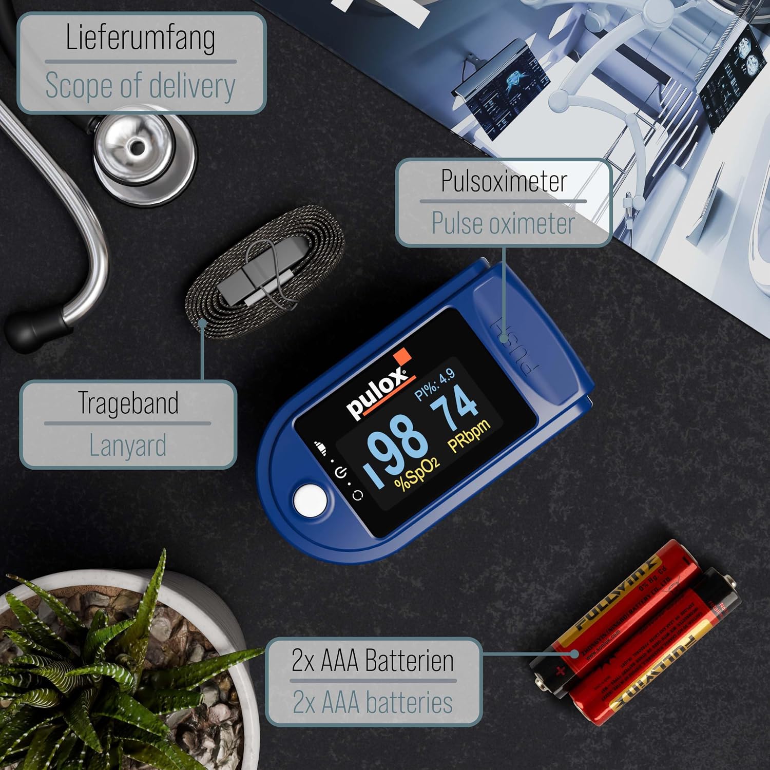 Detalle de Pulox PO-200 Solo Pulsoximeter Blau – zuverlässige Messung von SpO2, Puls und PI