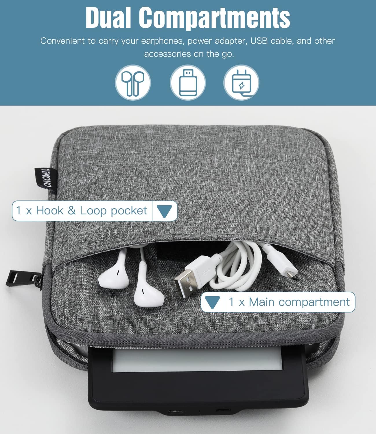 Detalle 2 de TiMOVO Schutzhülle 6–7 Zoll für eReader – Stoßfeste Sleeve mit Reißverschluss, Dunkelgrau