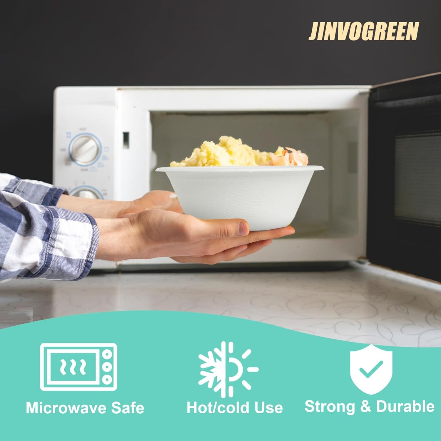 Thumbnail 5 de JINVOGREEN 12 oz Bagasse Paper Bowls (500 Count) — Disposable Compostable Heavy-Duty Bowls for Snacks, Soup & Salads