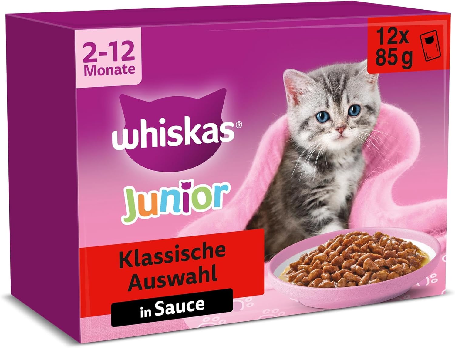 Detalle de Whiskas Junior Katzennassfutter Klassische Auswahl in Sauce – 48 Portionsbeutel (12x85 g) für Kätzchen 2–12 Monate