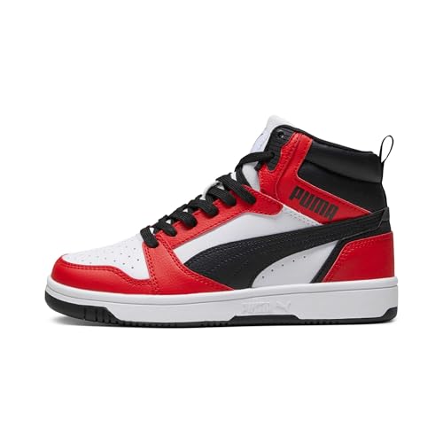 Detalle de PUMA Rebound V6 Mid Jr: zapatilla de cuero sintético para niños, estilo clásico y sujeción fiable