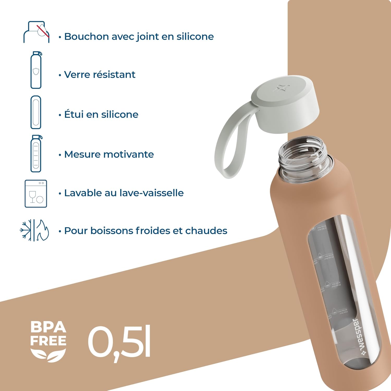 Detalle de Wessper WES260 glazen drinkfles 500 ml met hydratatieschaal en siliconenhoes
