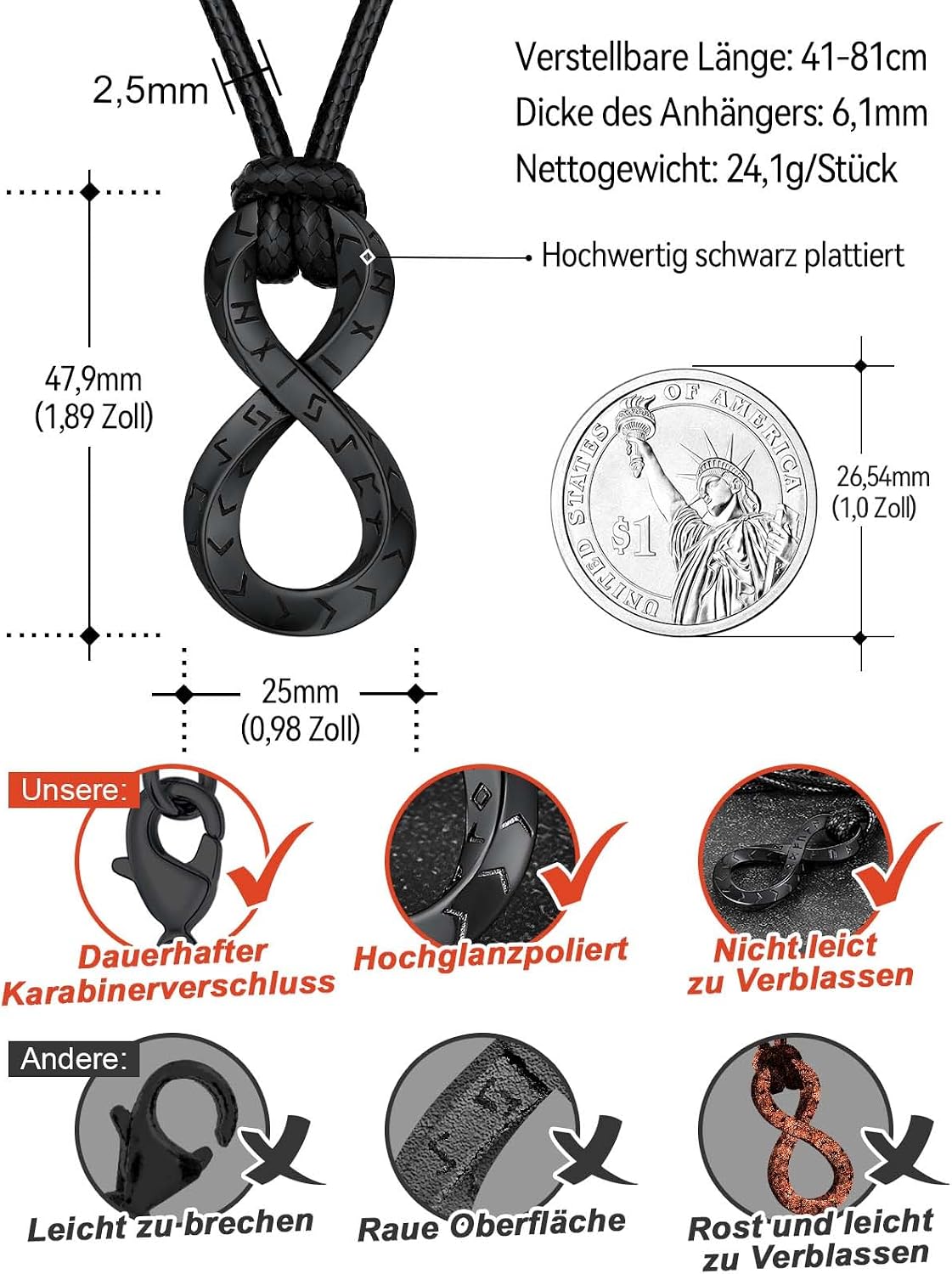 Thumbnail 2 de FaithHeart Lederkette mit Runen-Anhänger (Edelstahl 316L) – verstellbar von ca. 41 bis 81 cm