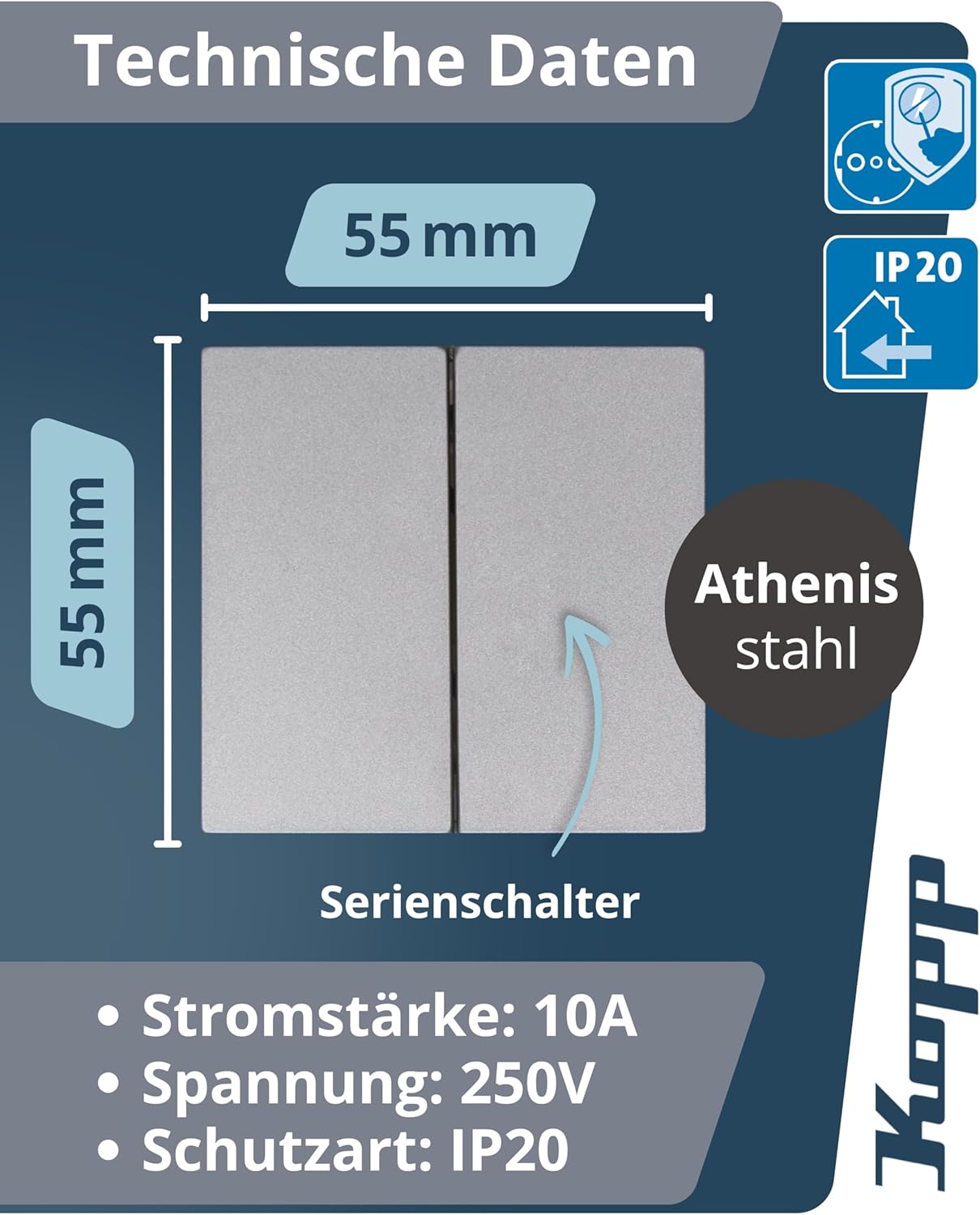 Thumbnail 1 de Kopp ATHENIS Serienschalter in Stahlfarben – Hochwertiger Doppel-Lichtschalter mit 10AX Schaltvermögen, IP20, Unterputz
