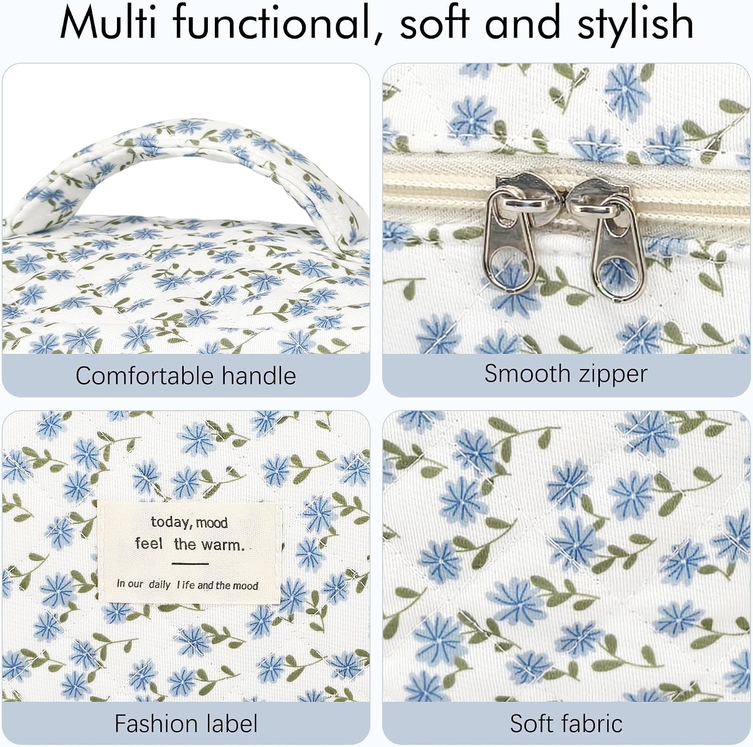 Thumbnail 2 de YMIFEEY 3er Kosmetiktasche-Set Blau Blumen – Klein, Mittel und Groß, robustes Baumwollmaterial, Reise-Beauty-Organiser