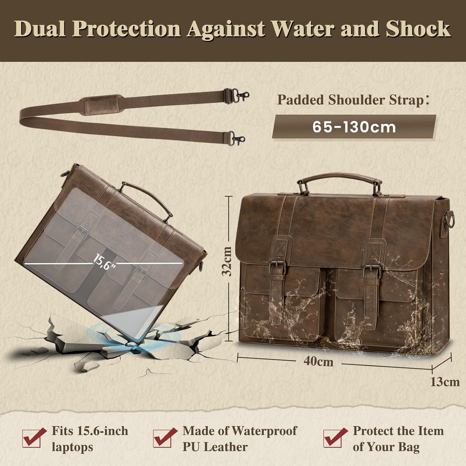 Detalle de RAINSMORE Aktentasche Herren PU-Leder – wasserdichte 15,6 Zoll Laptoptasche, edle Umhängetasche für Büro und Uni