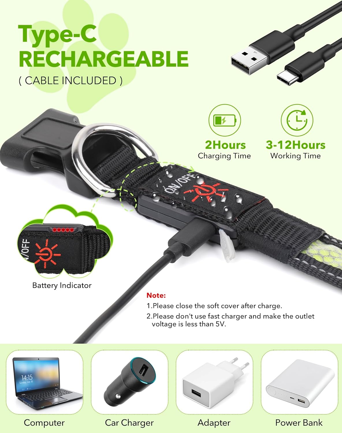 Detalle de Weesiber Light Up Dog Collar - Medium (38-50cm) with USB-C Rechargeable LED, Reflective and Water-Resistant