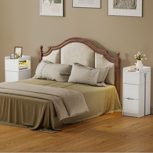 Detalle 2 de Quikraen Nachttisch Schmal mit Steckdose und LED – Weiß, 26.2x29.6x65 cm