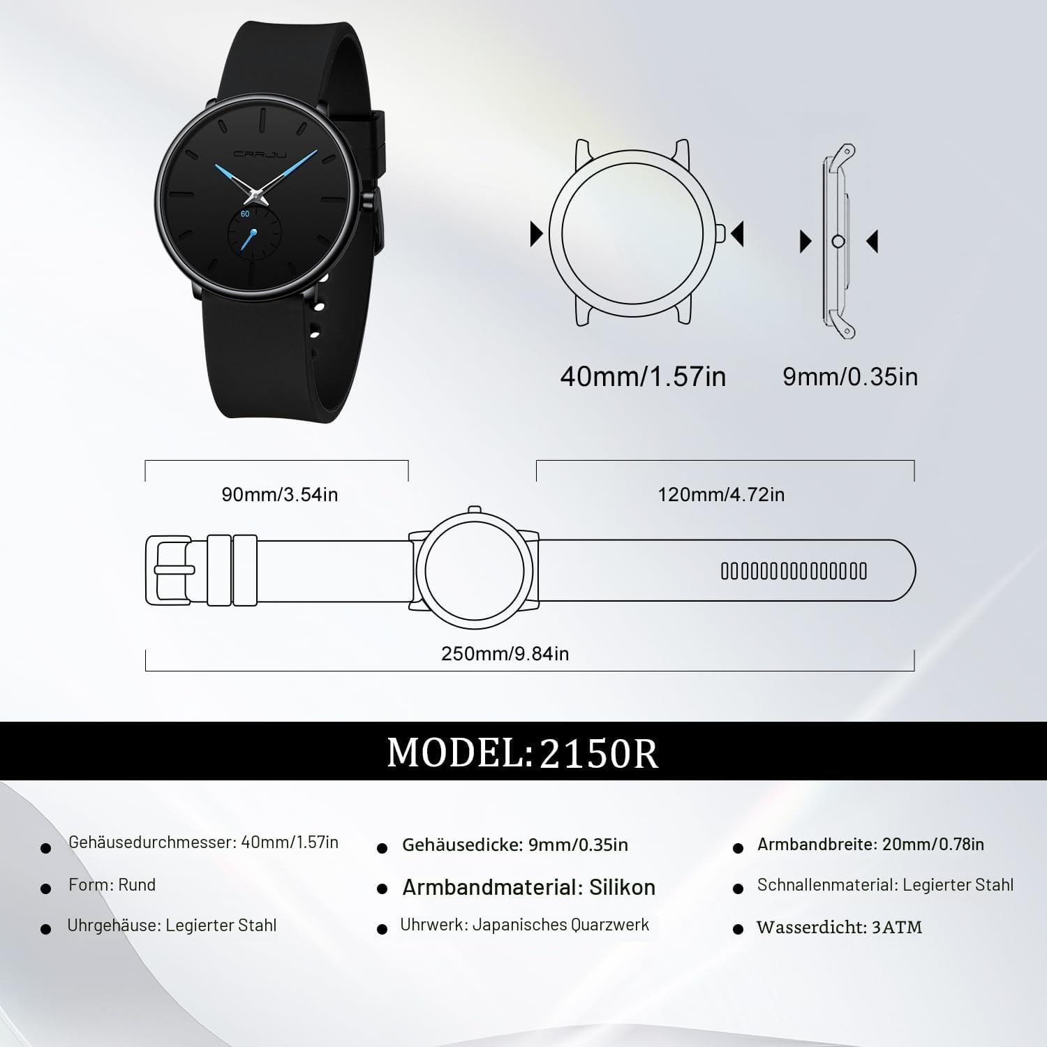 Detalle de CRRJU Herren Uhren – Ultraleichtes Minimalismus-Chronograph-Design mit Silikonarmband