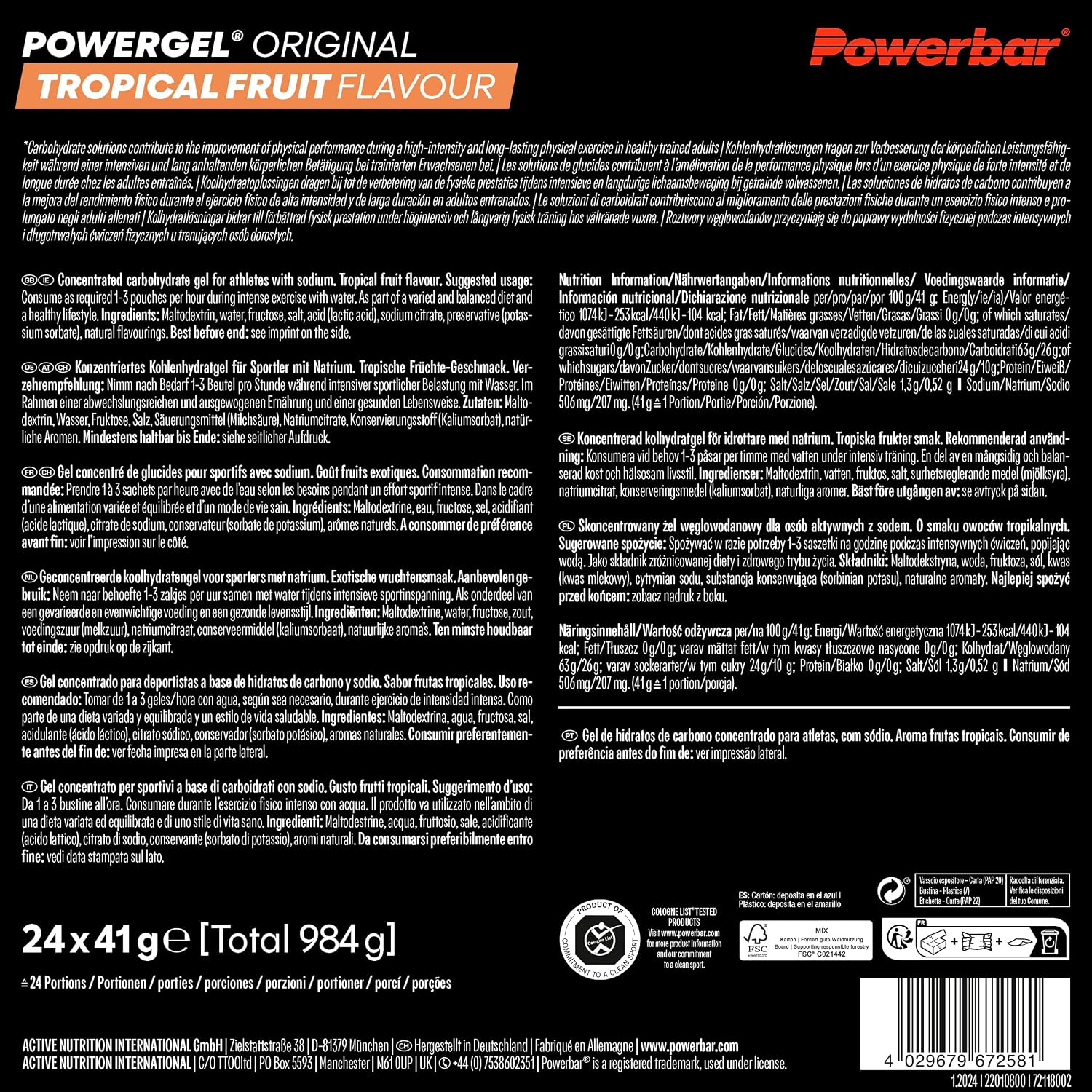 Detalle de Powerbar PowerGel Tropical Fruit (24x41g) – Energie gel für Ausdauer- und Kraftsport