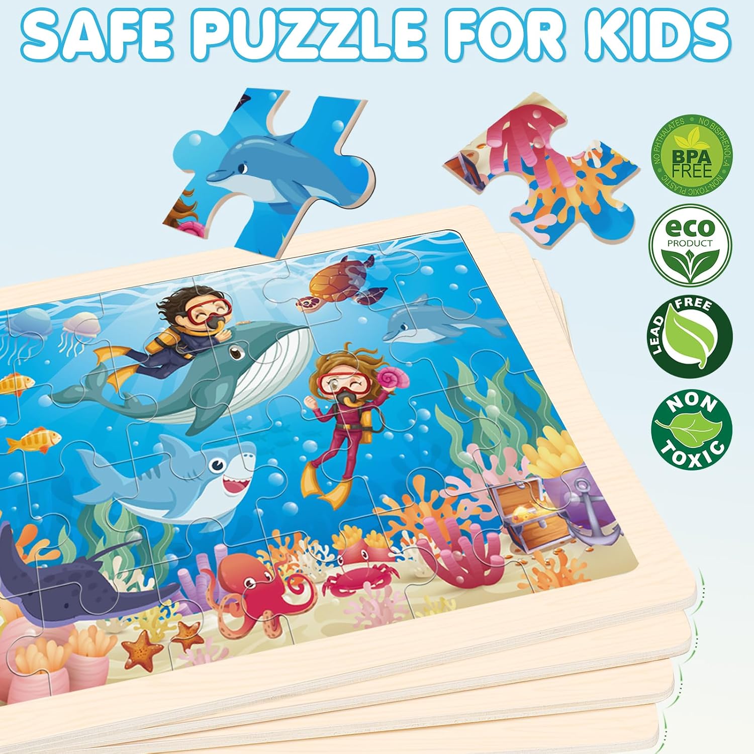 Detalle 2 de Wooden Animals Jigsaw Puzzles for Kids (Ages 3-6), 4 Packs with 24 Pieces Each