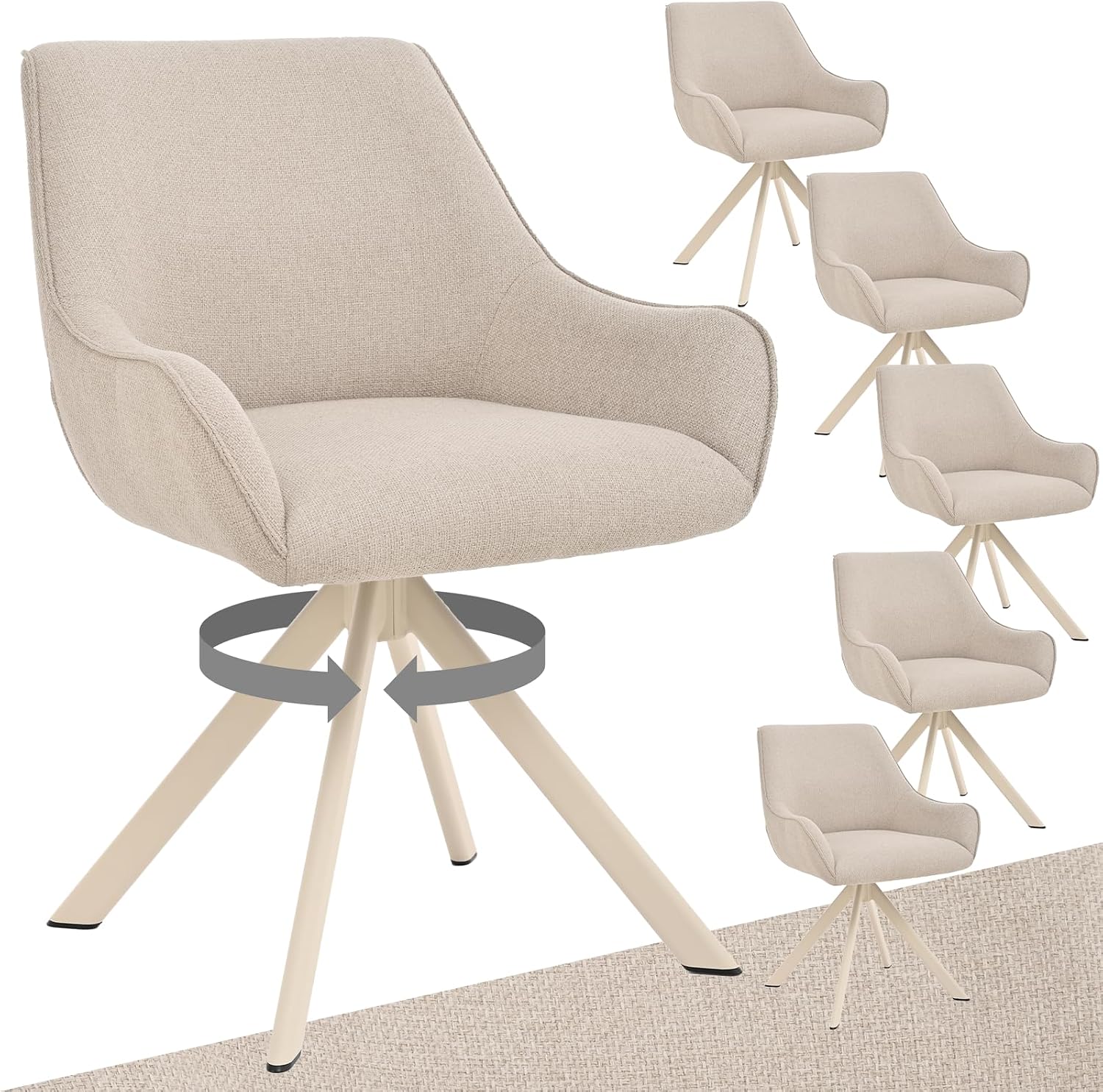 Goeurvant Esszimmerstühle Drehbar 6er-Set mit Armlehne – 360°-Drehstuhl aus Beige Leinen