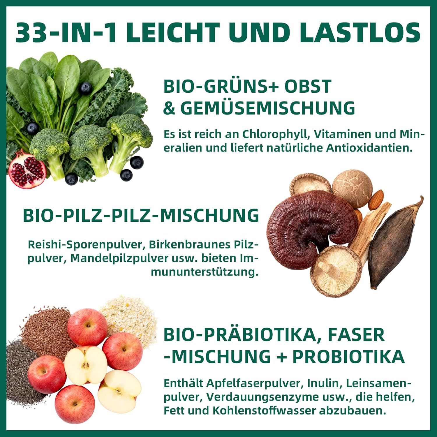 Detalle 2 de Grüne Entgiftungspulver – Grünes Superfood Pulver Helfer (33 Zutaten mit Spirulina & Chlorella)
