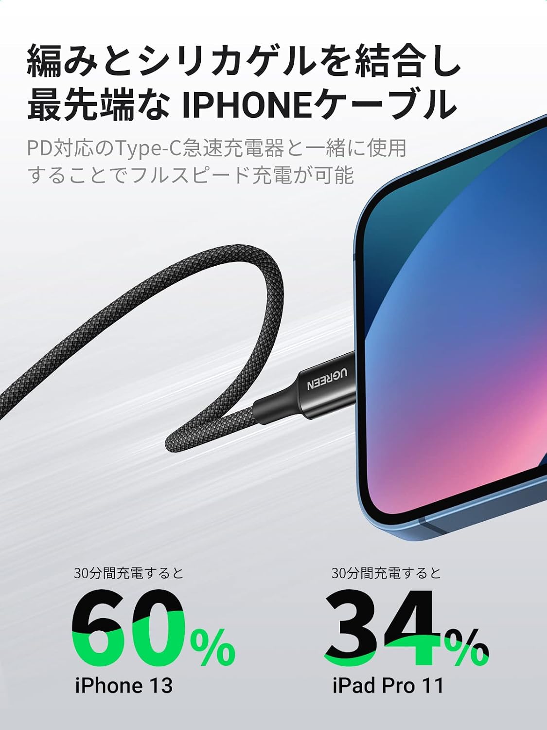 Thumbnail 1 de UGREEN USB-C to Lightningケーブル 1m MFi認証・PD対応、シリコン製芯線とナイロン編み