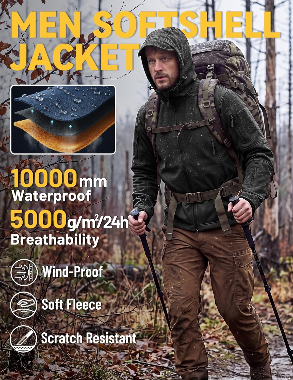 Detalle de TACVASEN XLTJ-73 Men's Tactical Soft Shell Jacket with Hood and Fleece Lining