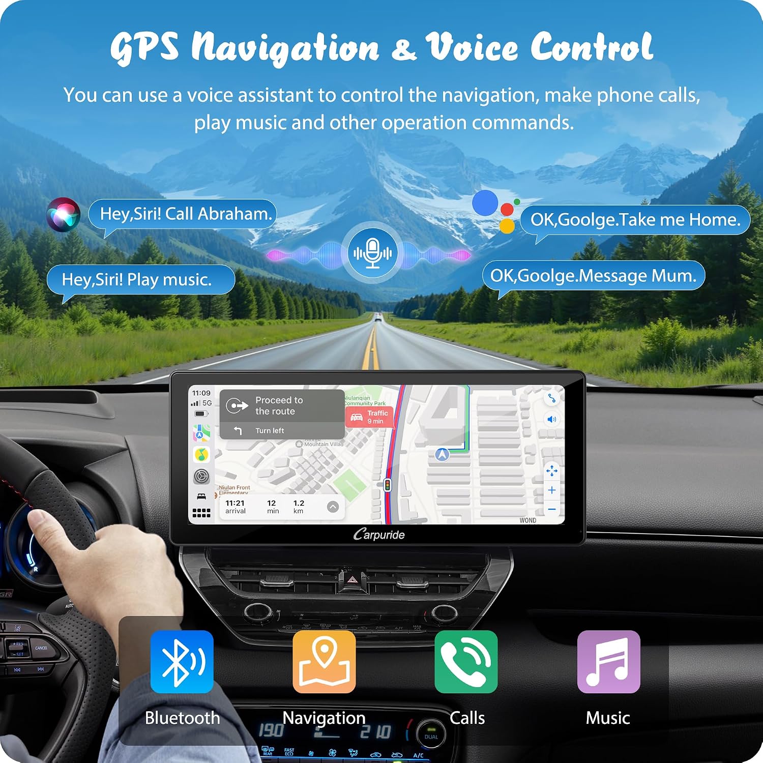 Detalle de Carpuride W103 Pro: 10.3-inch Wireless CarPlay/Android Auto Receiver with Dual Bluetooth, Mirror Link and GPS
