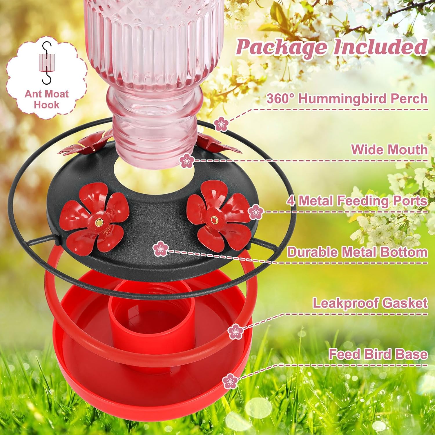 Detalle de FEED GARDEN Glass Hummingbird Feeder 16 oz