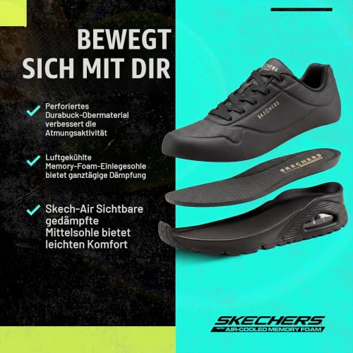 Detalle de Skechers Damen Uno Stand On Air Weit Trainer in Schwarz – Durabuck Mesh, Weitpassform
