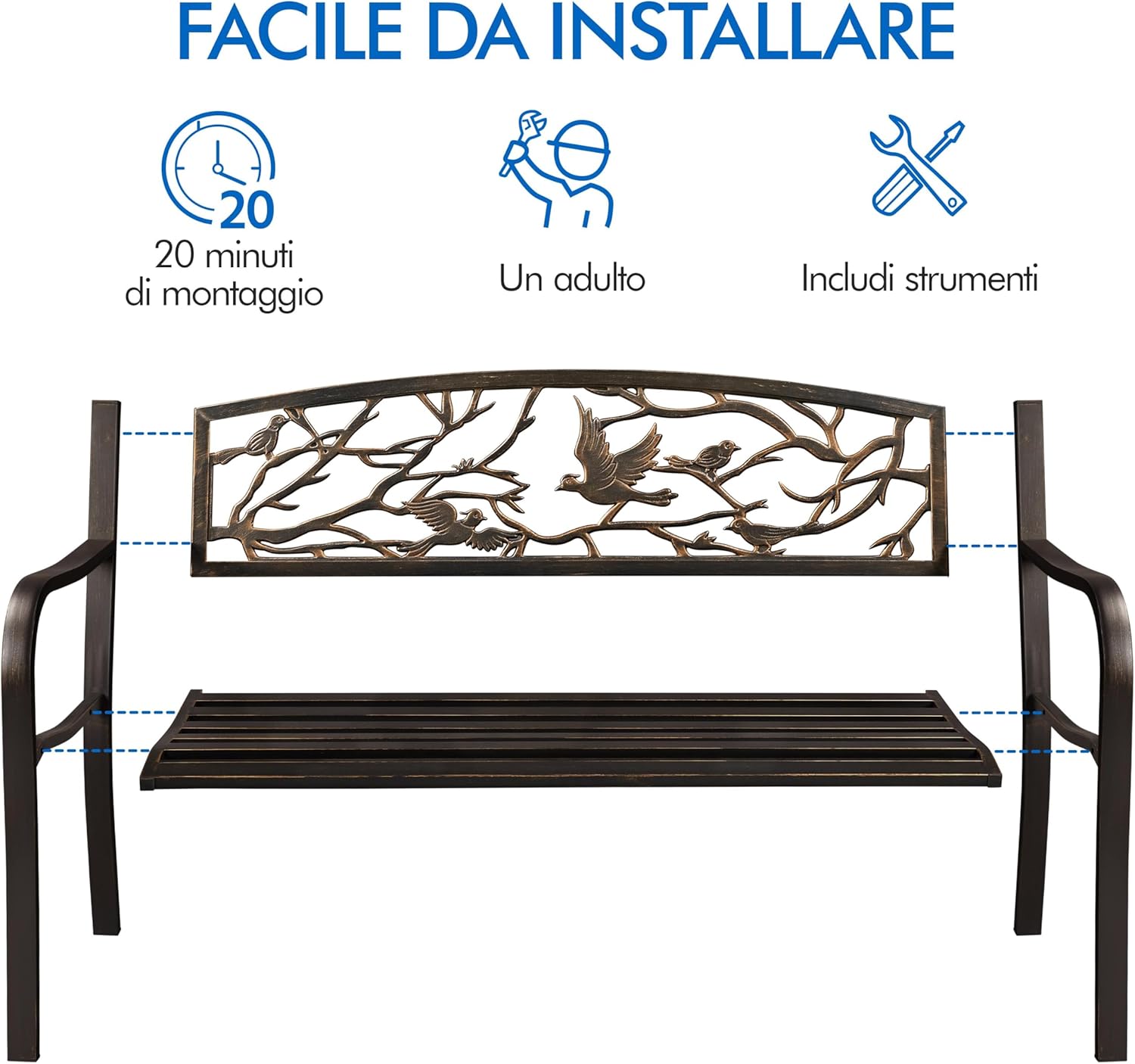 Thumbnail 6 de Yaheetech Panca da Giardino in Ferro 127 cm: stile chic e robustezza con braccioli e schienale decorato