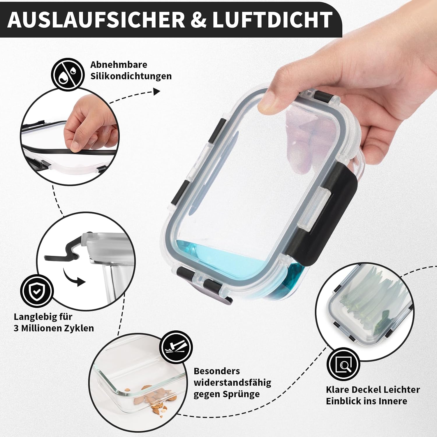Detalle 2 de S SALIENT Glas-Frischhaltedosen Set – 10-teiliges Meal-Prep Glasbehälter-Set mit Deckel (5x1050ml + 5x370ml)