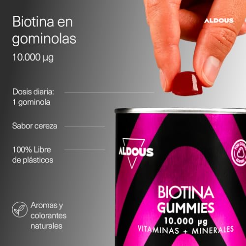 Detalle de Biotina 120 Gominolas 10.000mcg de Aldous Bio: cabello, piel y uñas con sabor a cereza