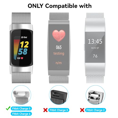 Detalle 2 de ELUTENG Sport Armband für Fitbit Charge 6/5 – 2er-Set Metallgeflecht, Magnetverschluss, Schwarz/Silber