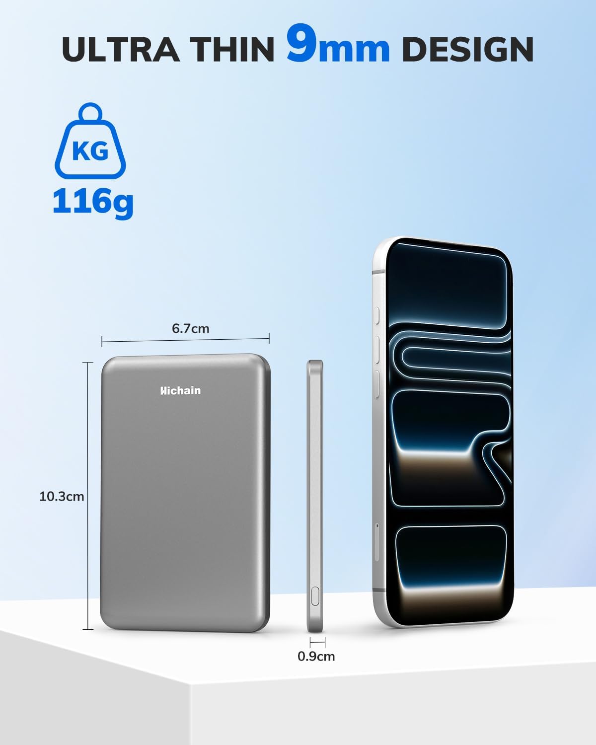 Detalle de Magnetic Power Bank Ultra-Slim Wireless Portable Charger 5000mAh (Grey) with 15W magnetic wireless & 22.5W USB-C fast charging