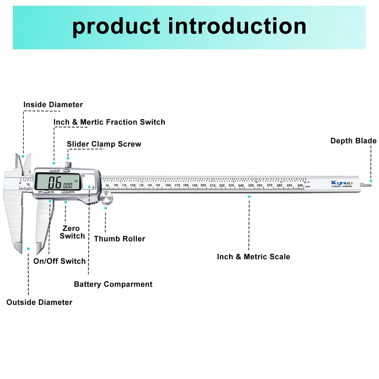 Detalle de Kynup KY-21S-4 Digital Caliper, 0–12-Inch/300 mm Stainless Steel