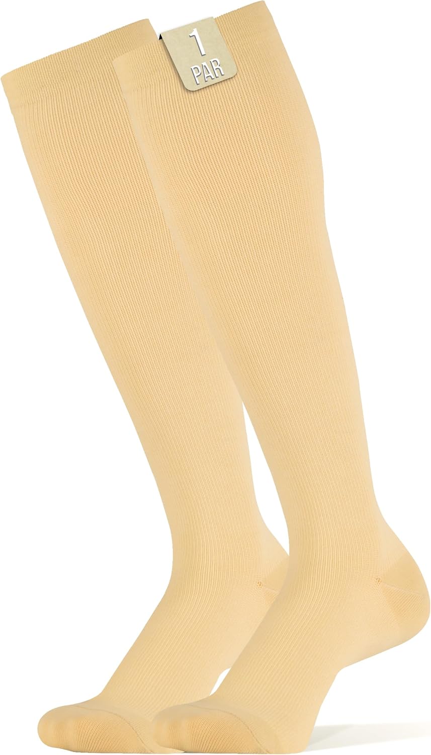 Detalle de 360 Relief medias de compresión 15–20 mmHg (1 par) para mujer y hombre, talla S/M beige con bolsa de malla
