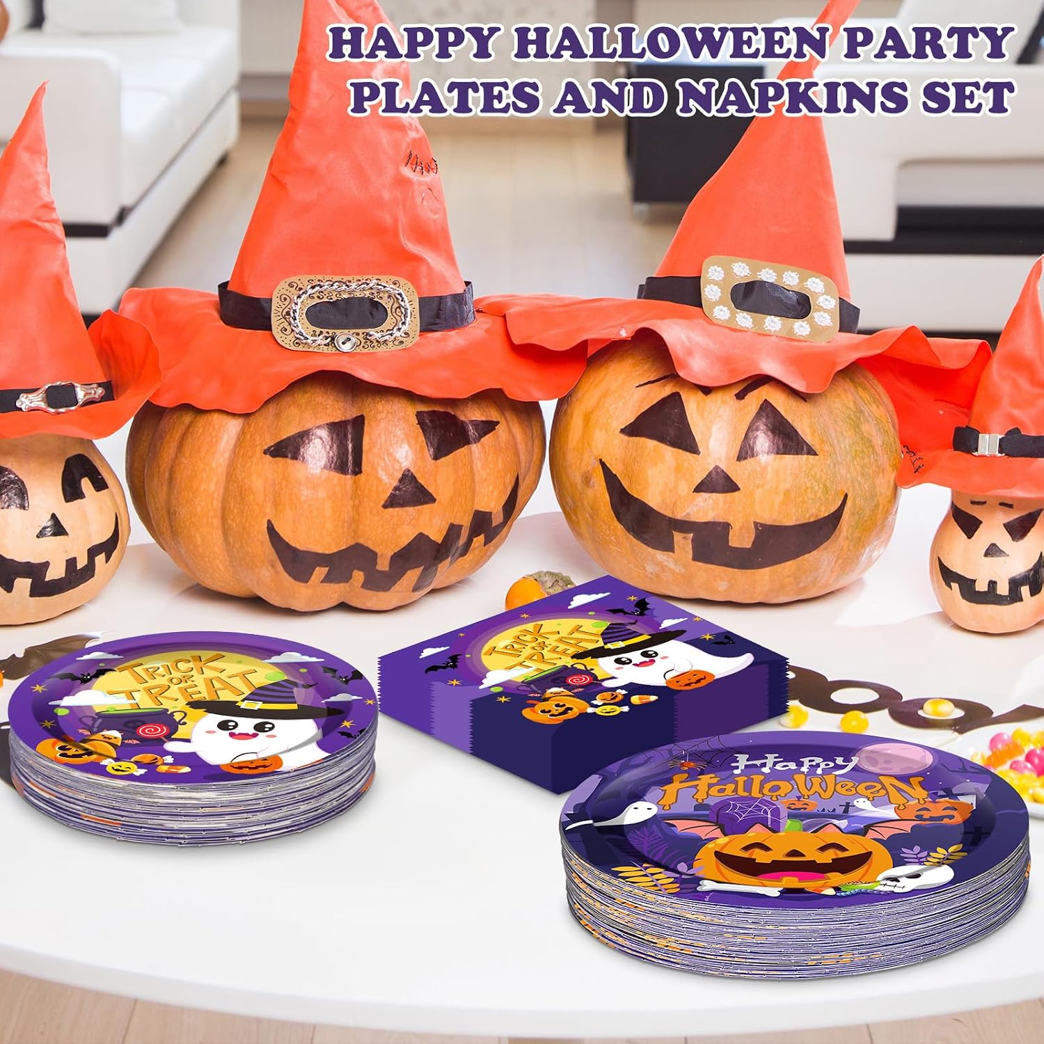 Detalle de PERFQU Halloween Paper Plates and Napkins Set, 150 Pieces, 9- and 7-Inch Plates