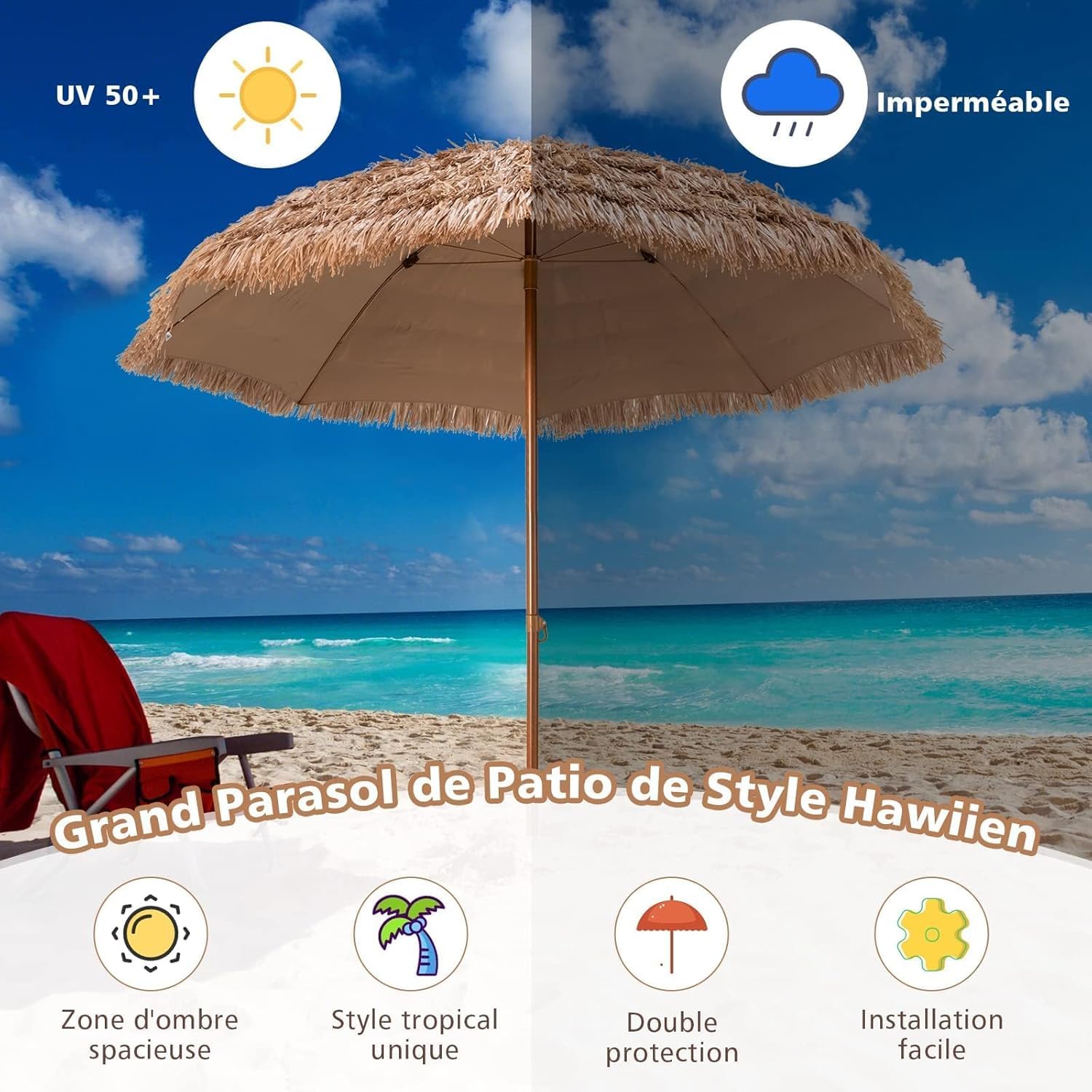 Thumbnail 3 de GOPLUS Parasol de Jardin Exterieur en Chaume PP – 2,4 m, style hawaïen avec toit, 8 baleines, 7 couches