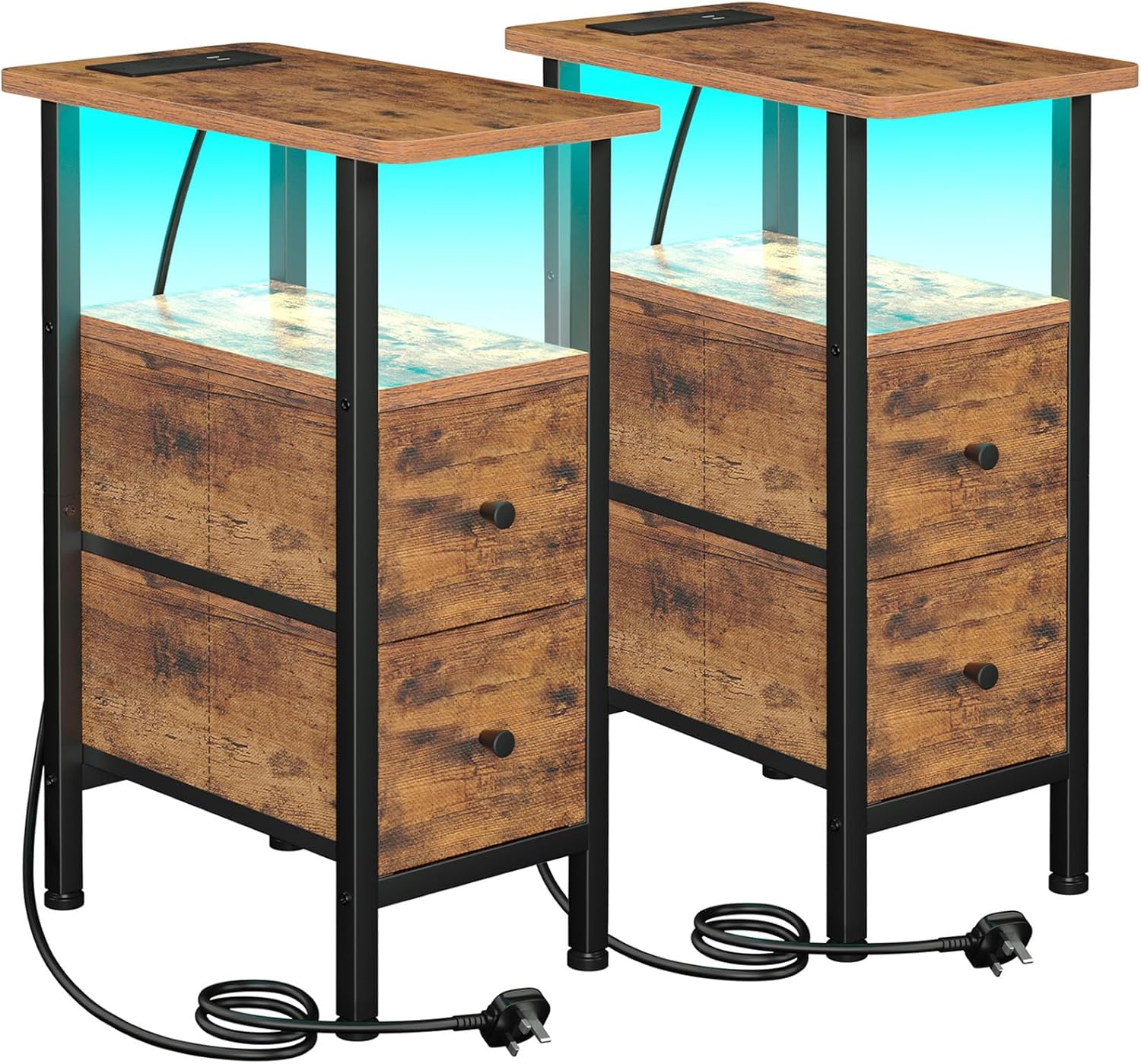 LOAKEKEL Slim Bedside Table Set of 2 with Charging Station and LED Lights (Brown)