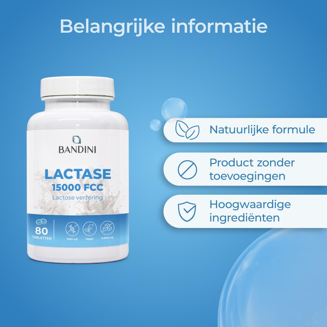 Detalle de BANDINI Lattasi lactasetabletten, 15.000 FCC, 80 stuks, langzame afgifte