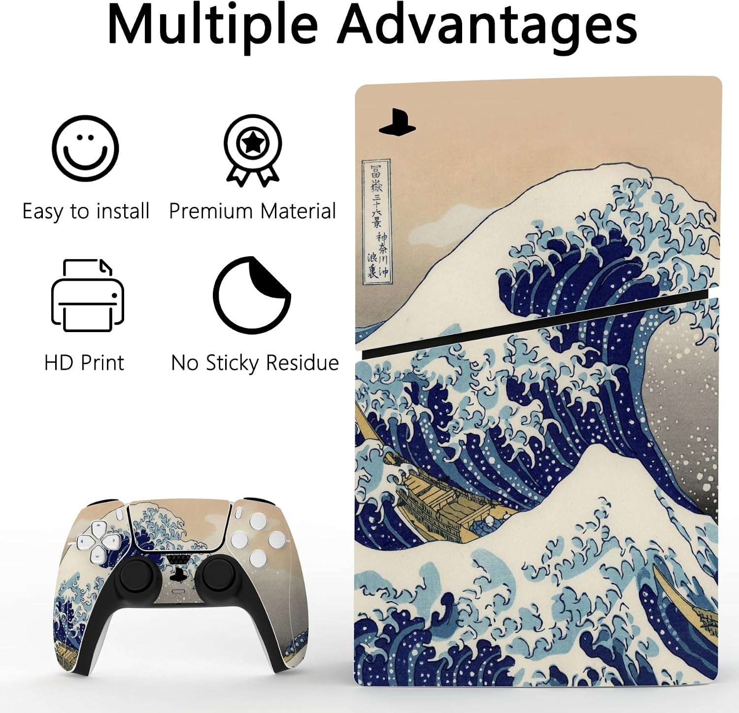 Detalle de PlayVital Full Set Skin Sticker for PS5 Slim Console Disc Edition (The Great Wave) – Complete Vinyl Decal Cover Set