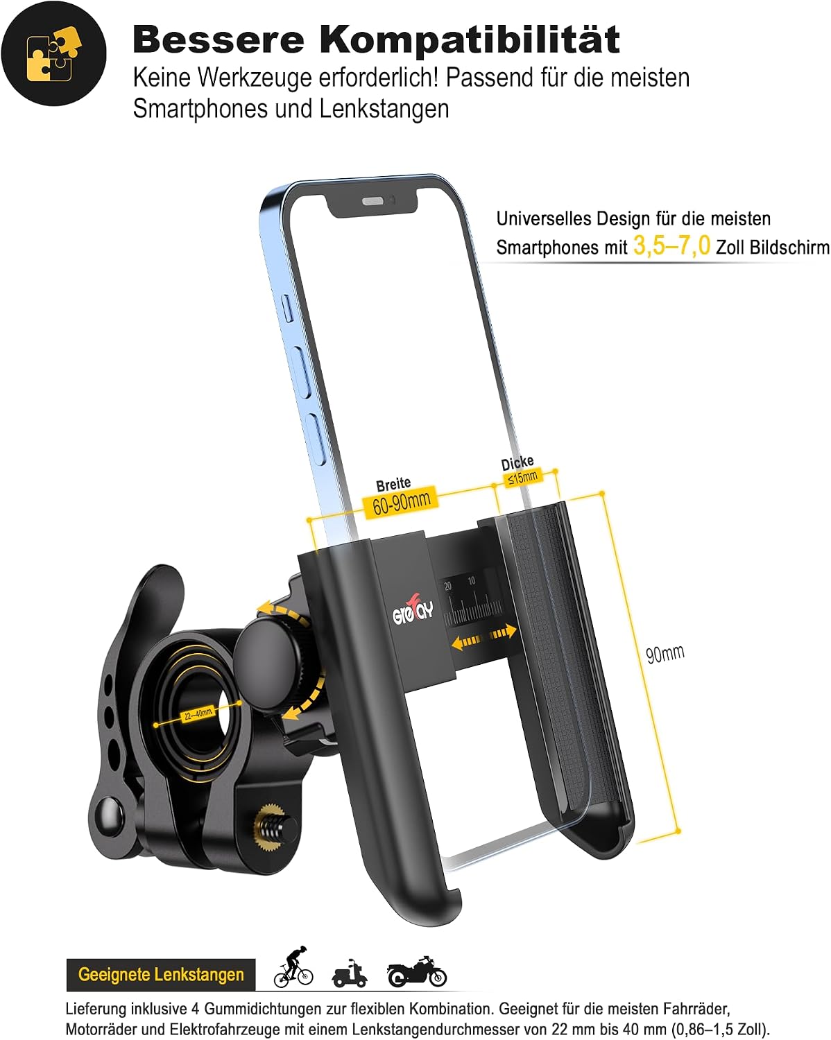 Detalle 2 de Grefay Handyhalterung Fahrrad Universal Motorrad – 360° Drehung, 3,5–7,0 Zoll, Schnellmontage