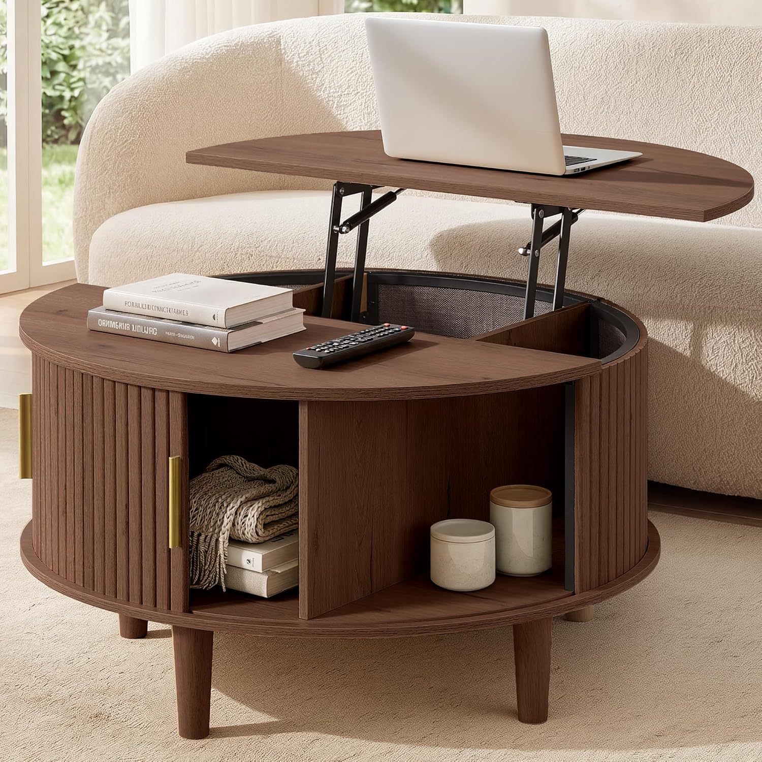 Detalle de VASAGLE ULCT275K201 Round Lift-Top Coffee Table, Chestnut Brown, Fluted Design