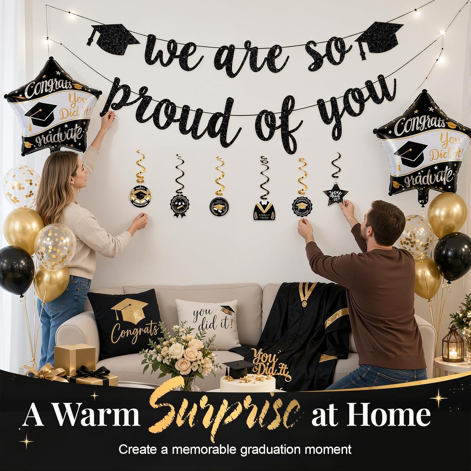 Detalle de OLANRUN Graduation Decorations Set 2026 – We Are So Proud of You Banner, 20 Balloons & 6 Hanging Swirls