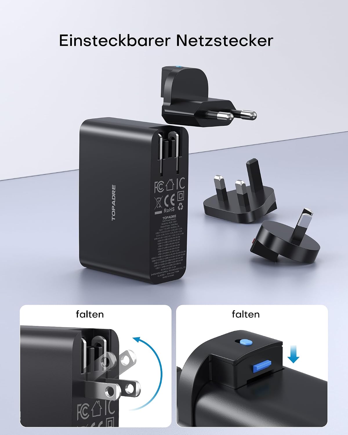 Detalle 2 de 100W USB-C Travel Adapter mit 4 Ports – GaN-Ladegerät für Reisen (UK/EU/AU-Steckdosen)