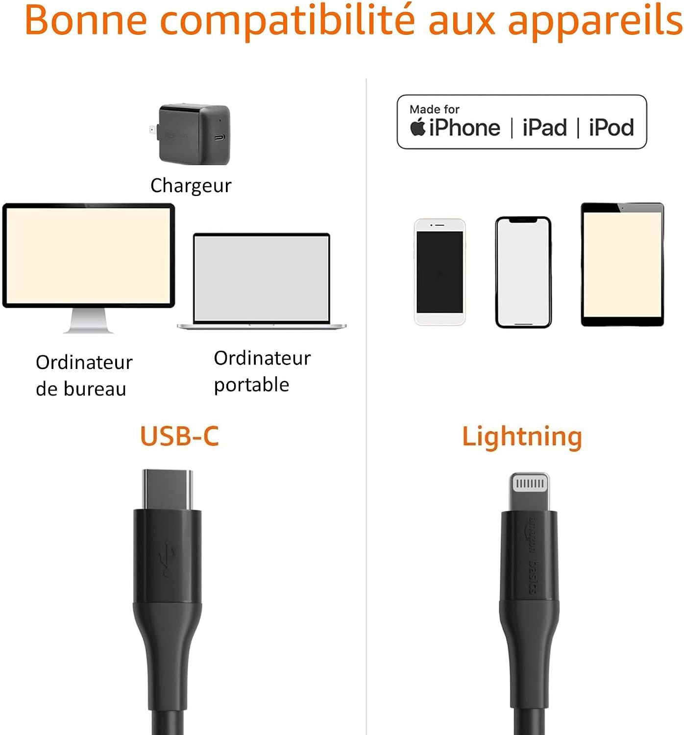 Detalle 2 de Amazon Basics Câble USB 2.0 C vers Lightning 3 m ⚡