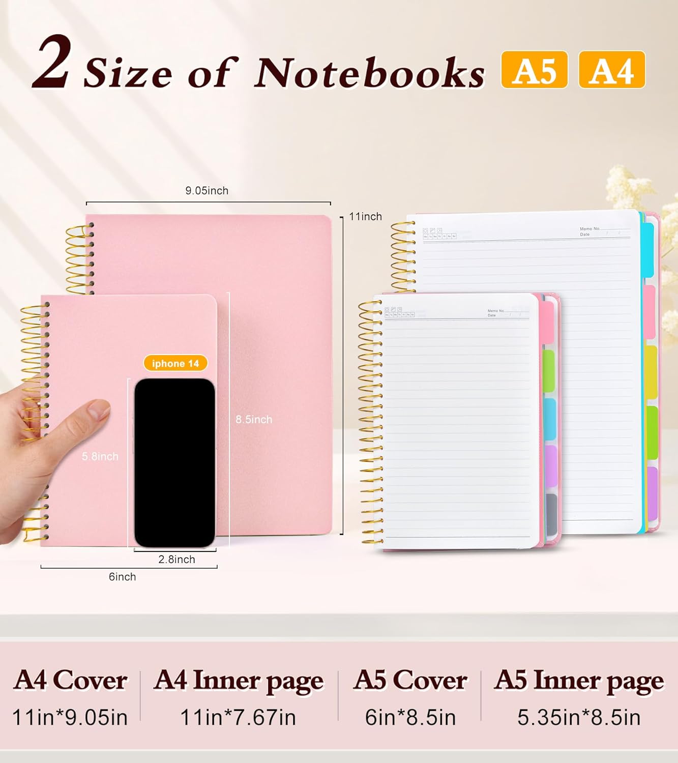Detalle 2 de JASLEKO 5-Subject A5 Spiral Notebook, 240 Pages, Pink, Pocket Dividers